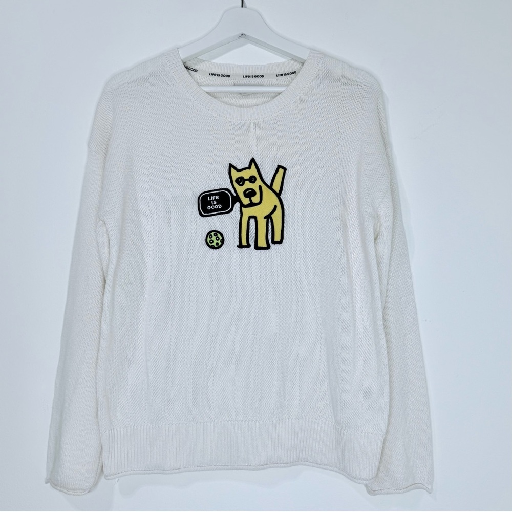 Life Is Good White Crew Neck Sweater Yellow Dog Graphic Cotton Blend Size Medium